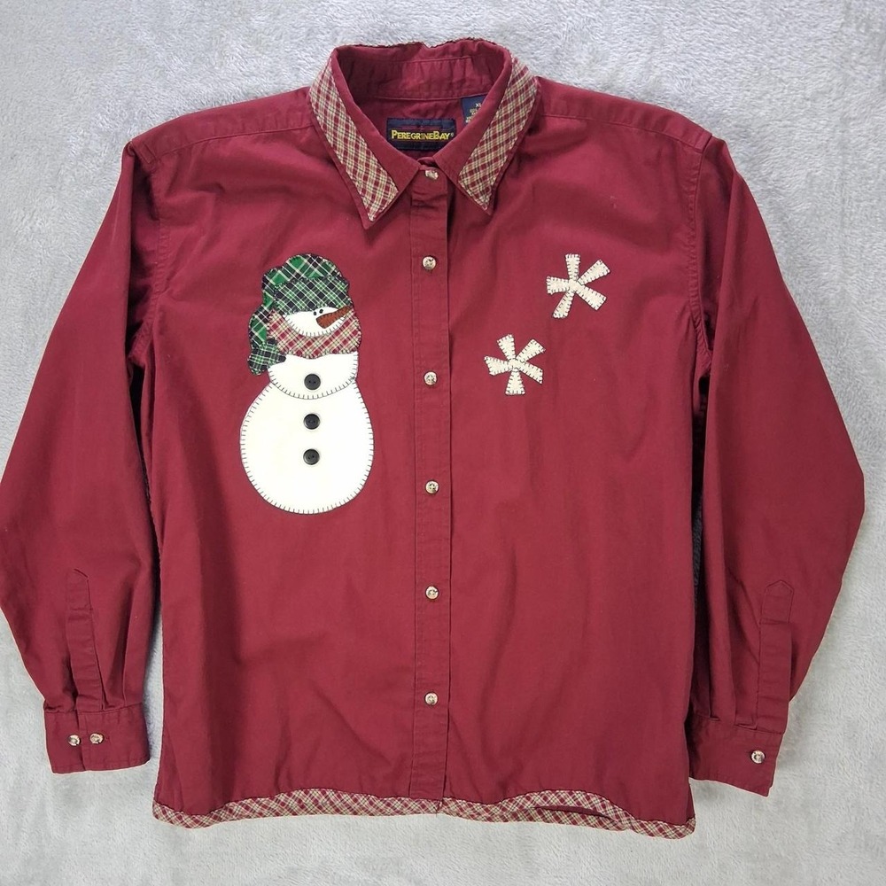Peregrine Bay Womens Vintage Christmas Snowman Button Down Shirt Red XL